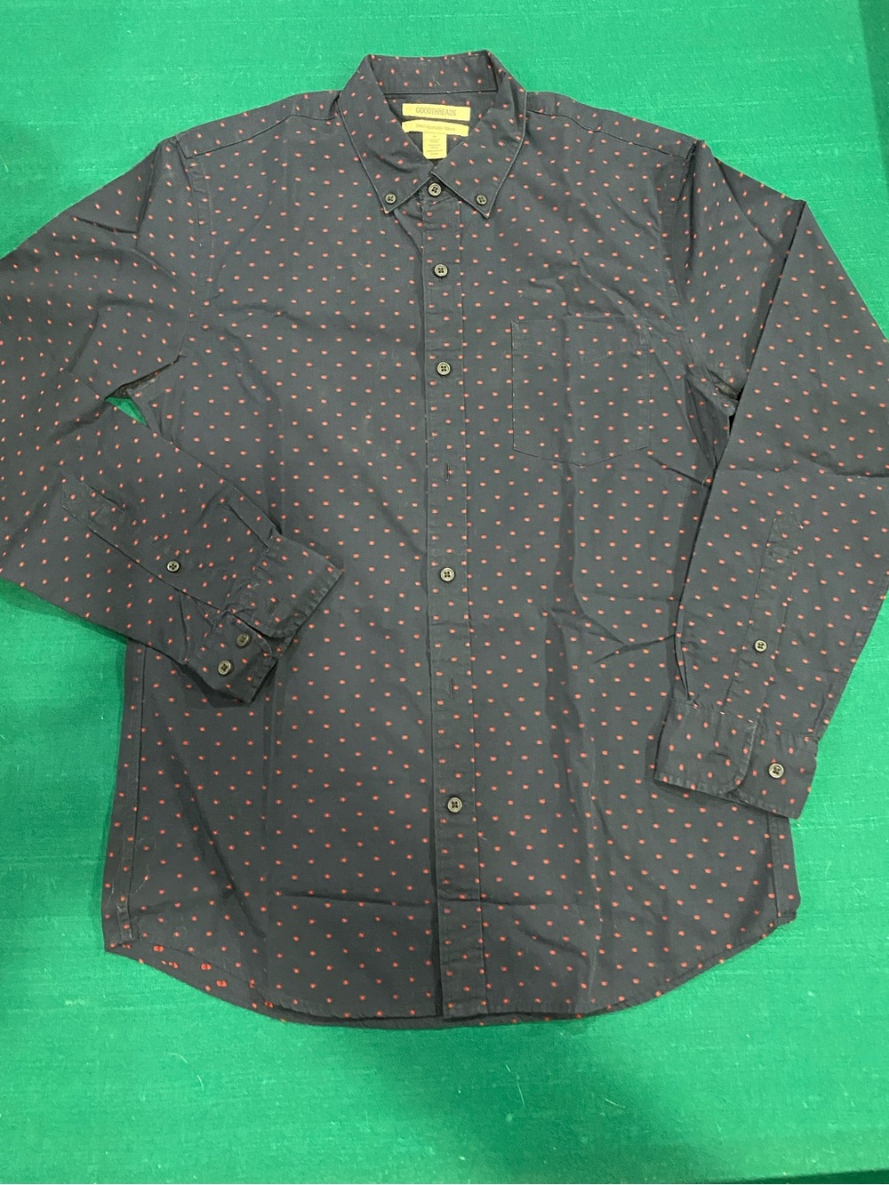 Goodthreads Men’s Navy Button-Down Shirt with Red Micro Dots